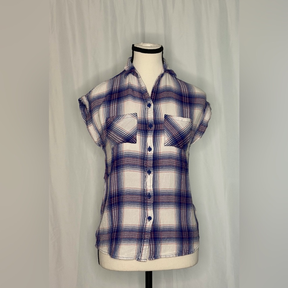 BLL Cozy Casual Comfy Normcore Blue White Plaid Short Sleeve Flannel Shirt XS